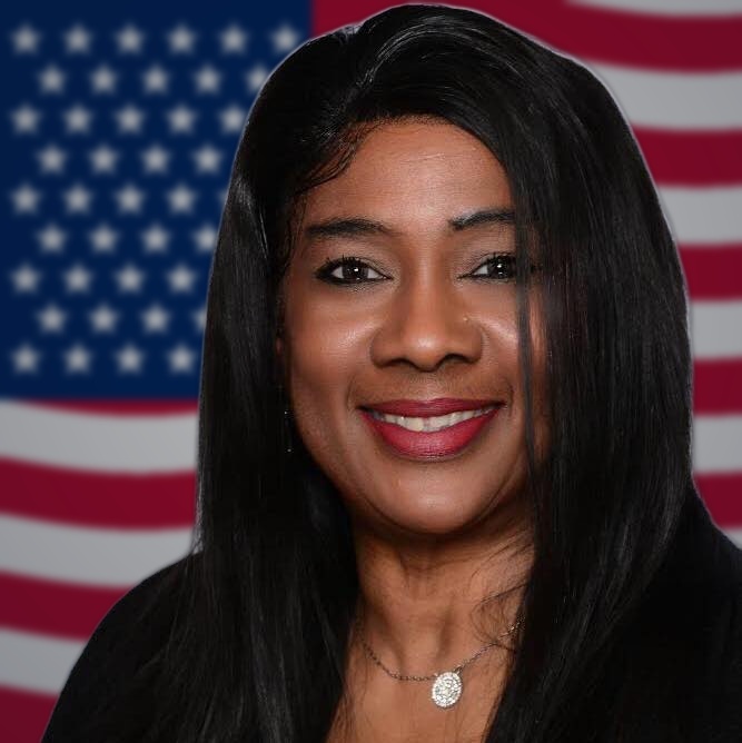 Linda Matthews with American flag